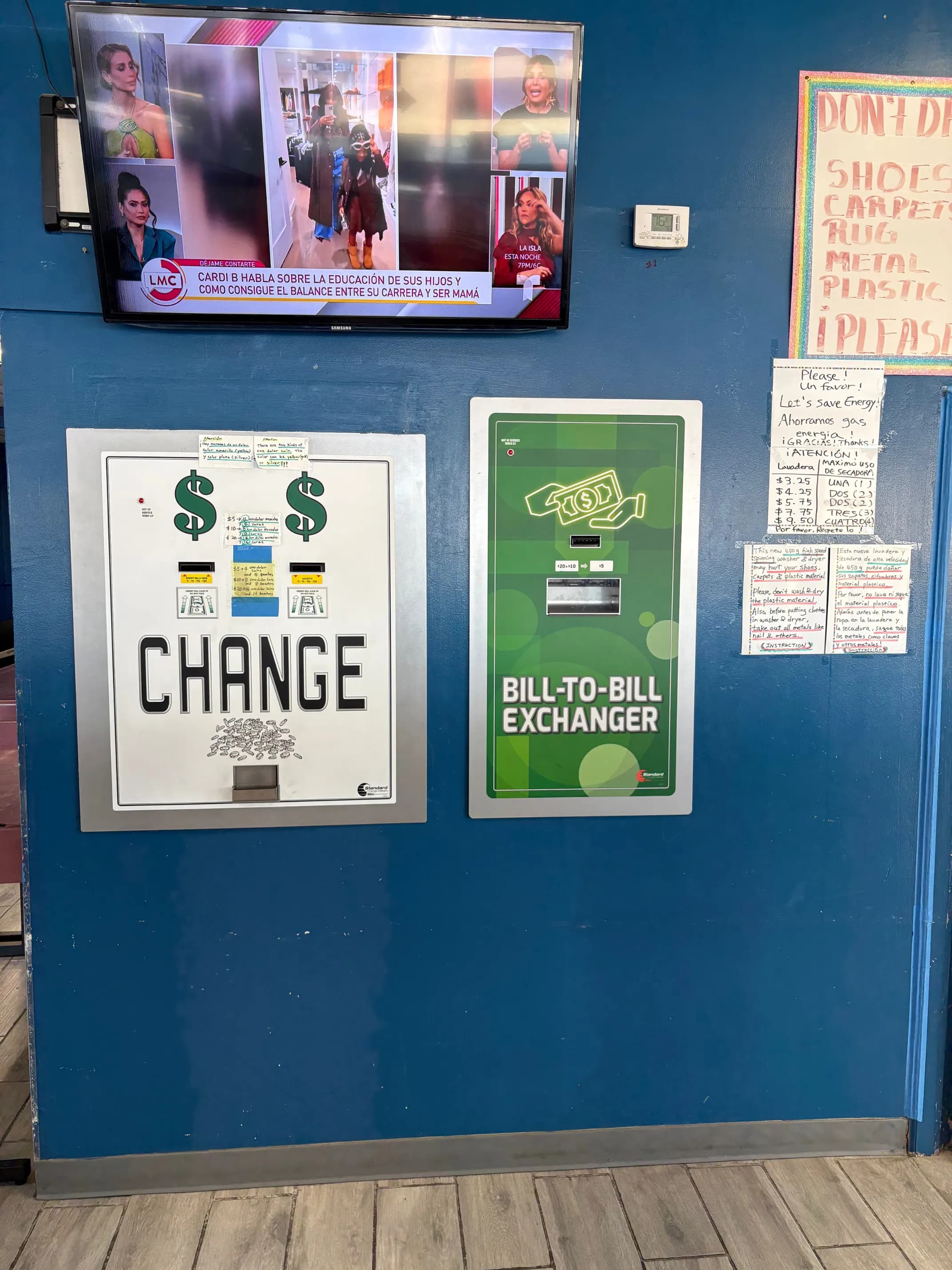 Bill-to-bill exchange machines mounted in the washateria